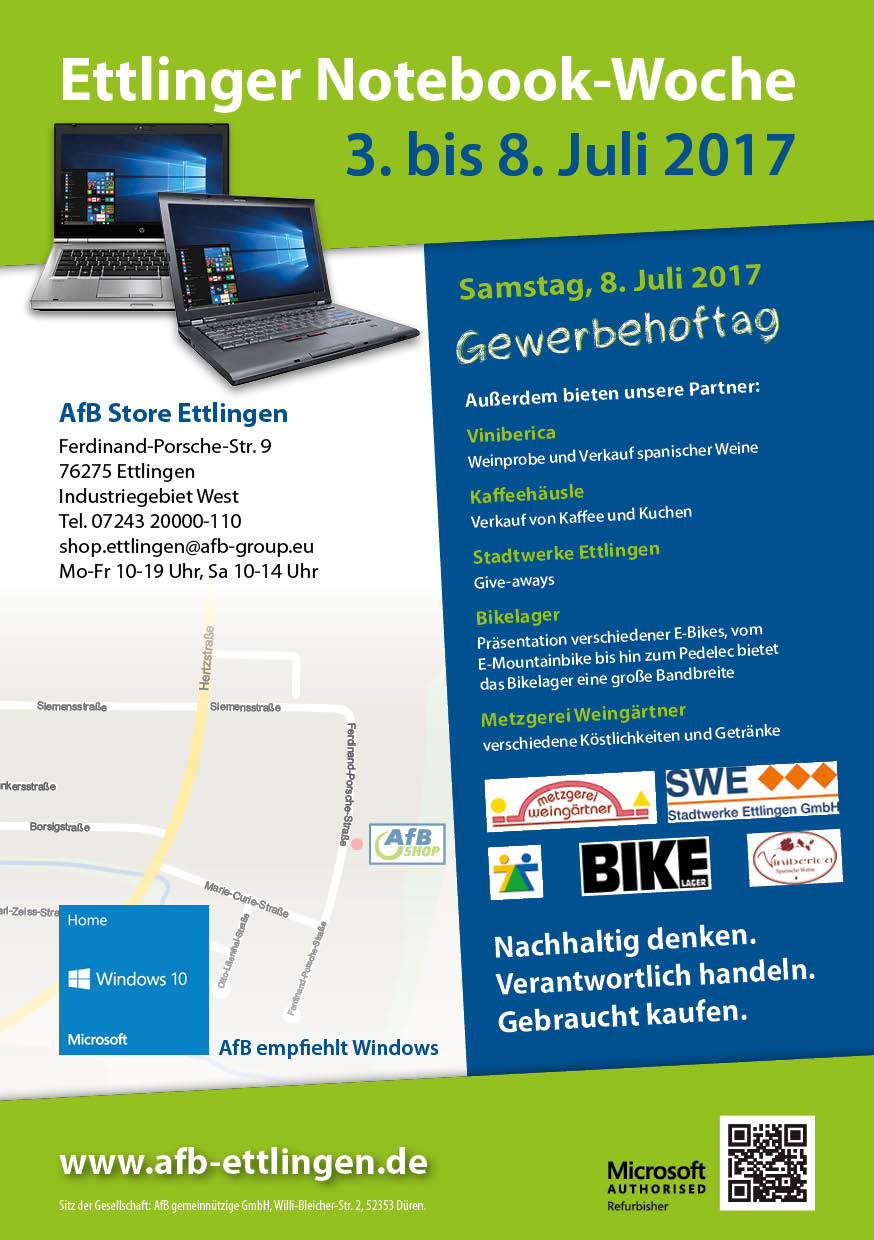Werbeplakat für die Ettlinger Notebook-Woche vom 3. bis 8. Juli 2017 mit zwei geöffneten Notebooks, Veranstaltungsdetails, Partnerangeboten und einer kleinen Straßenkarte zum AfB Store Ettlingen.