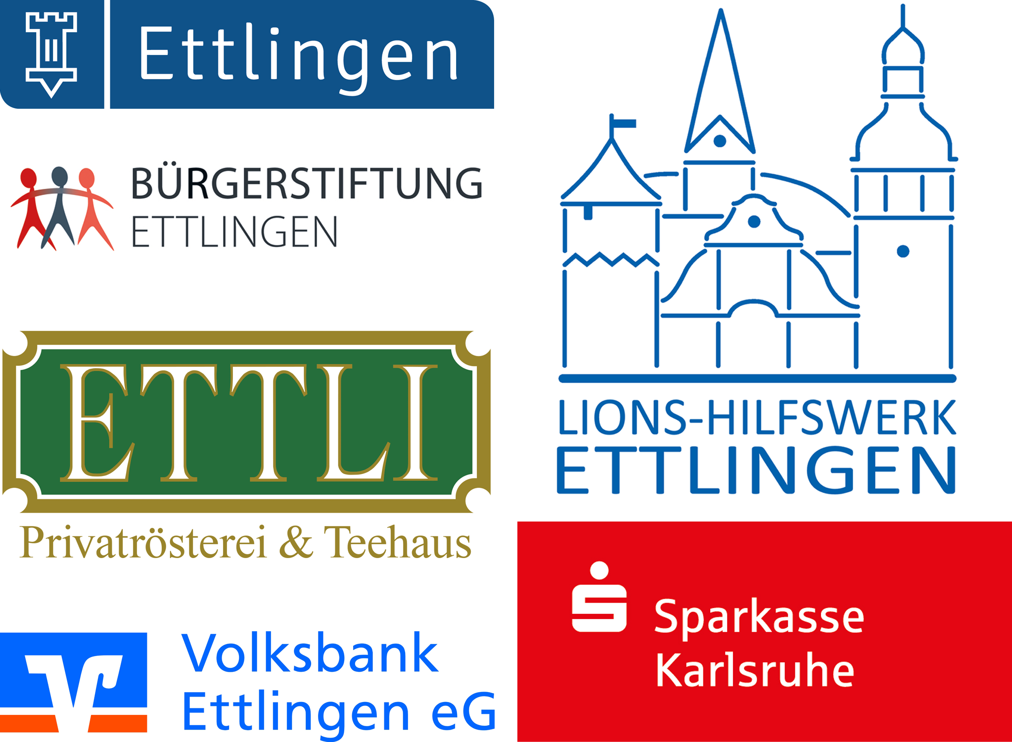 Logos von Sponsoren aus Ettlingen, darunter die Stadt Ettlingen, Bürgerstiftung Ettlingen, Ettli Privatrösterei & Teehaus, Lions-Hilfswerk Ettlingen, Volksbank Ettlingen eG und Sparkasse Karlsruhe